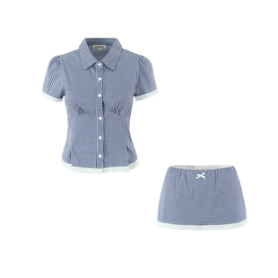 法式套装白色木耳花边排扣收腰显瘦衬衫低腰修身包臀短裙两件套