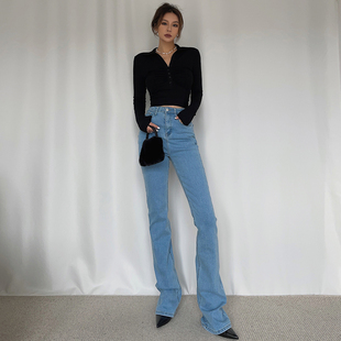 长裤 高腰显瘦弹力微喇叭泫雅拖地裤 百搭欧美 女2024新款 浅蓝牛仔裤