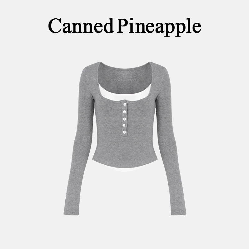 设计感修身小众别致短款正肩上衣春秋纯欲辣妹U领纽扣假两件T恤女