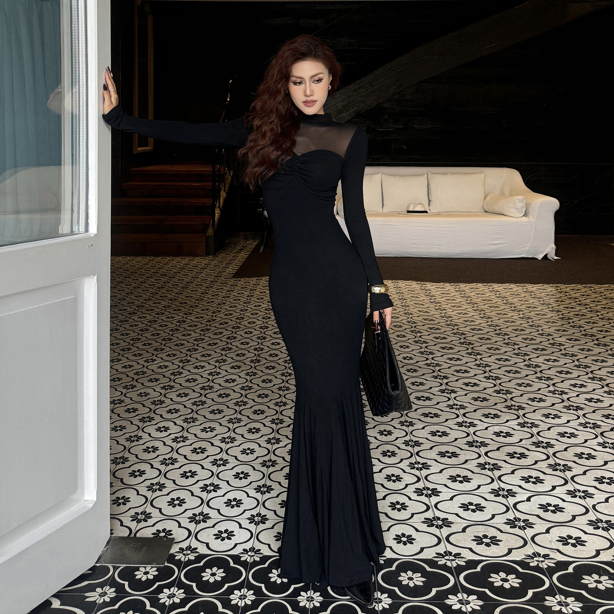 自制ins卡戴珊性感收腰露背网纱拼接鱼尾大摆连衣裙凸显身材长裙