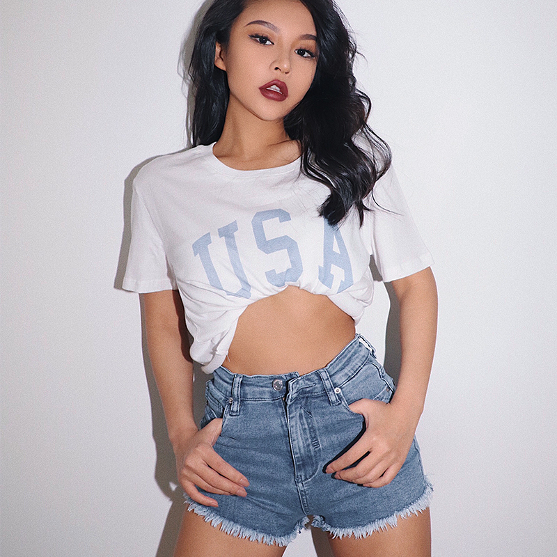 欧美街头 ins同款潮人USA字母印花毛边短款白色短袖美式复古T恤女