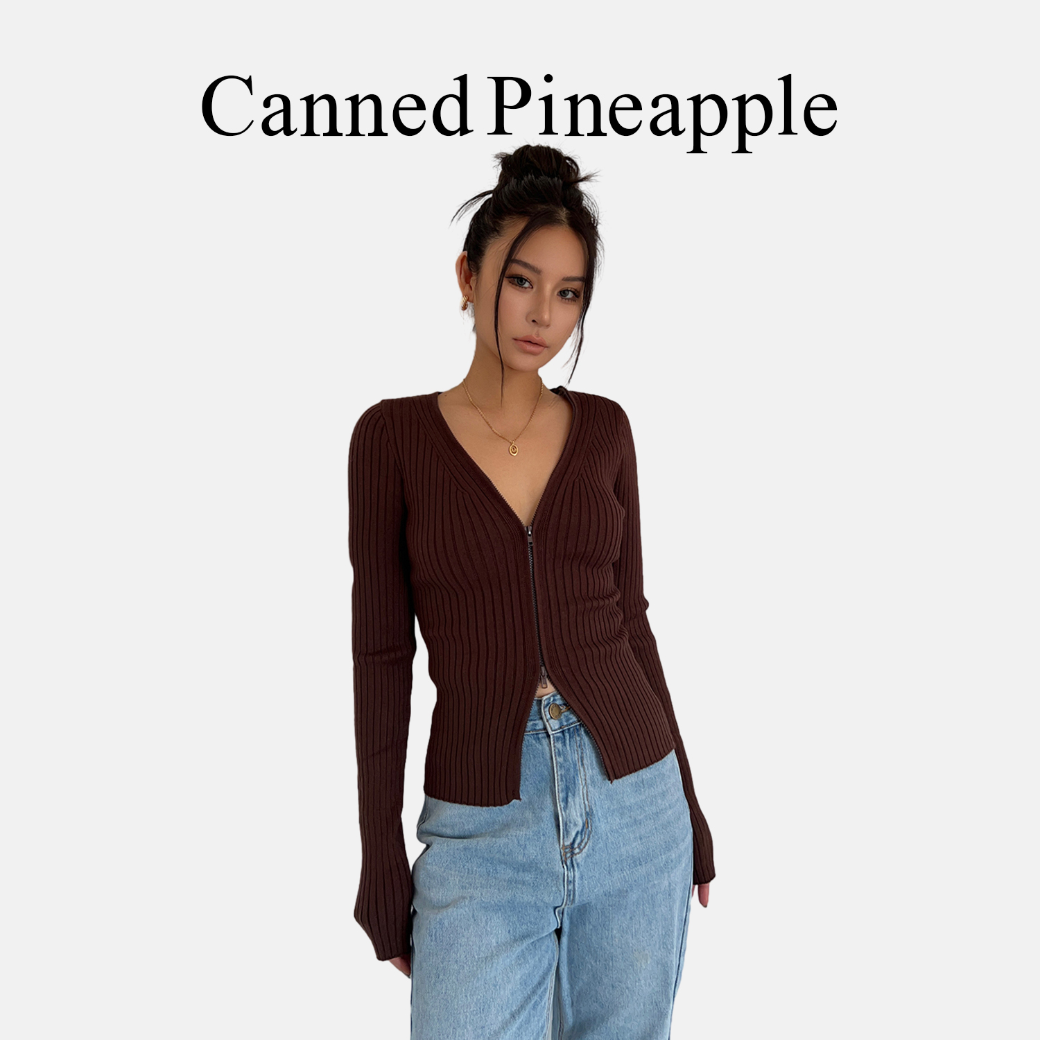 疯狂心动! V领双拉链坑条针织开衫ins女春秋新款修身显瘦短款上衣