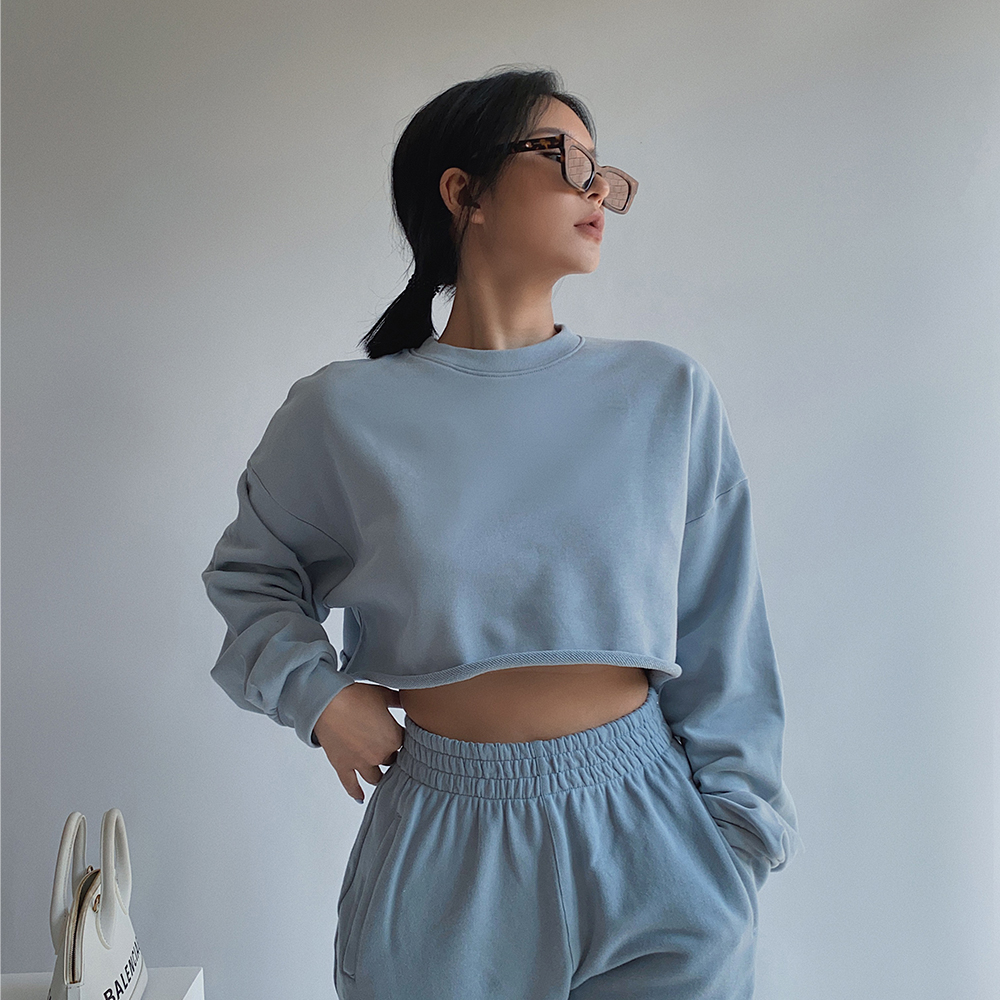 美式复古个性宽松卷边纯色短款显瘦长袖卫衣女休闲百搭短上衣外套