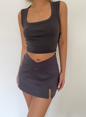 ins2024夏季新款开叉包臀裙高腰V型修身半身裙百搭显腿长辣妹裙裤