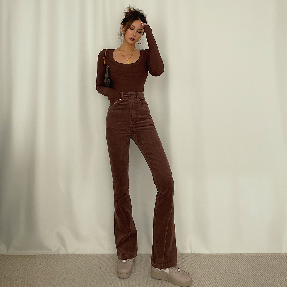 欧美咖色微喇叭裤子女春装2024年新款高腰紧身显瘦拖地chic长裤