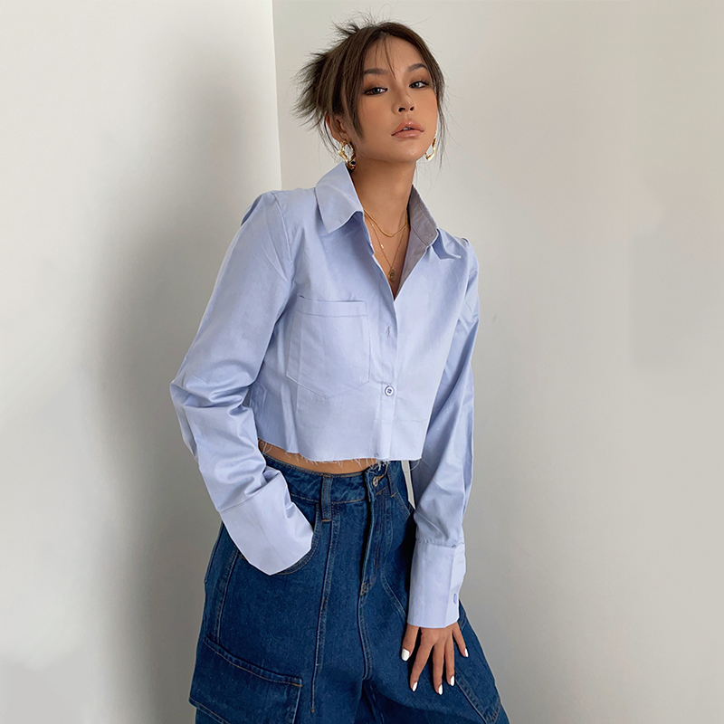 宽松欧美单排扣长袖毛边衬衫