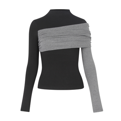 自制辣妹不规则设计感撞色拼接半高领加绒长袖T恤女冬加绒上衣