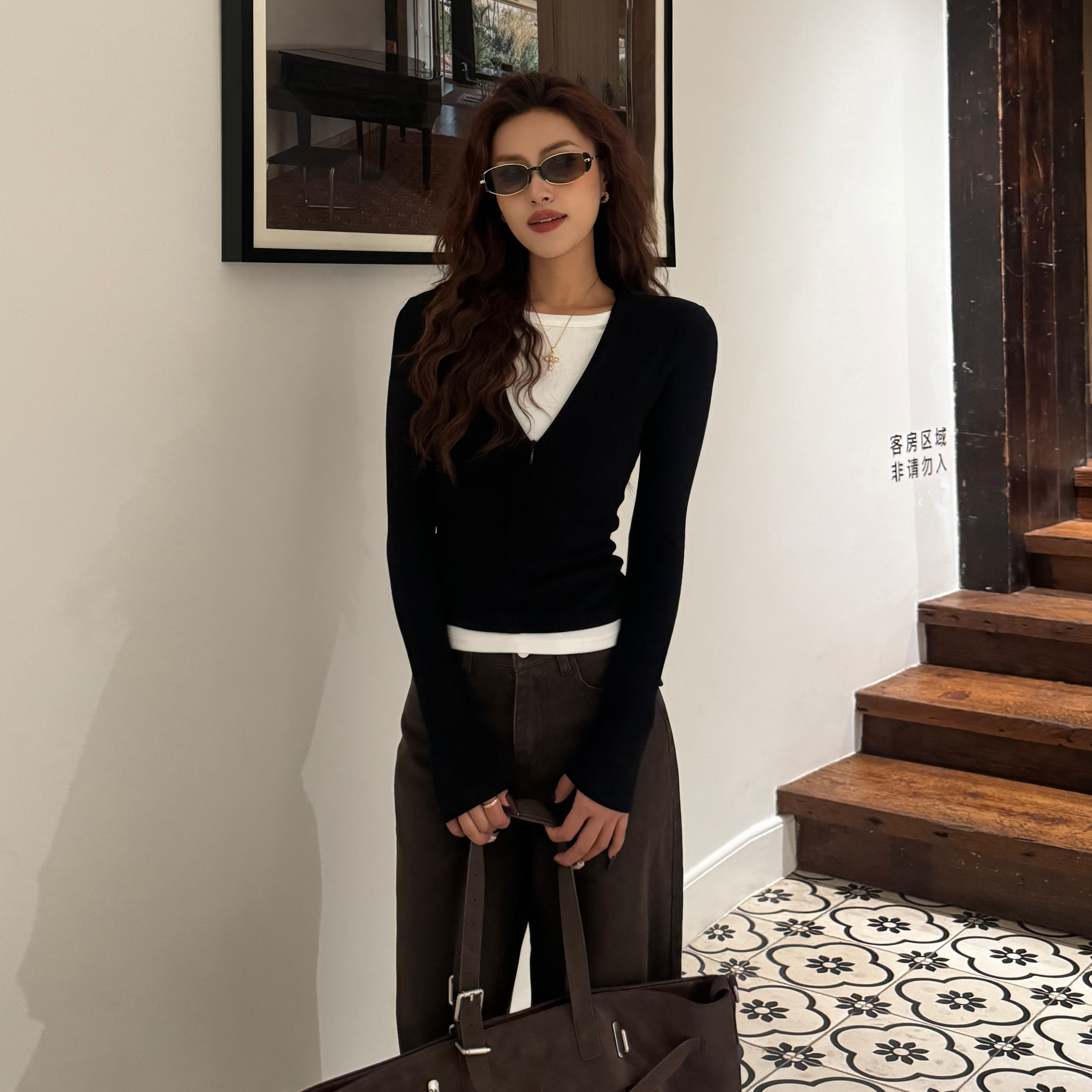 自制秋冬磨毛设计感可调节拉链长袖t恤女秋假两件内搭修身显瘦T