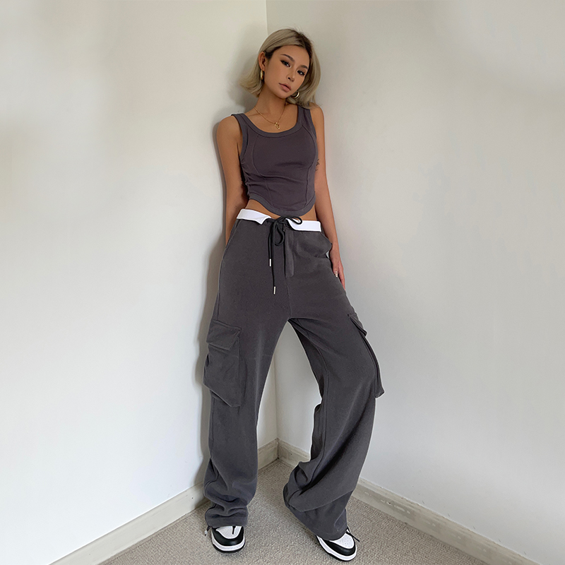 辣妹时尚翻边撞色抽绳束脚工装休闲裤女夏季欧美街头宽松显瘦长裤