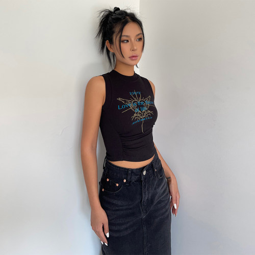 两侧抽褶修身背心字母印花美式辣妹风短款露脐夏季外穿无袖上衣女