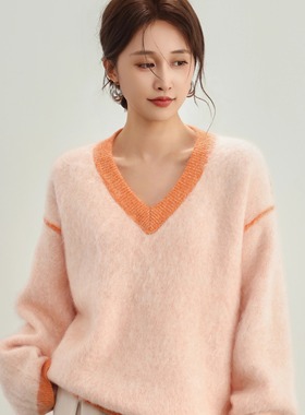 纯山羊绒花纱毛康赛妮羊绒衫女拼色拉毛厚款袖绿色V领12-Z22303