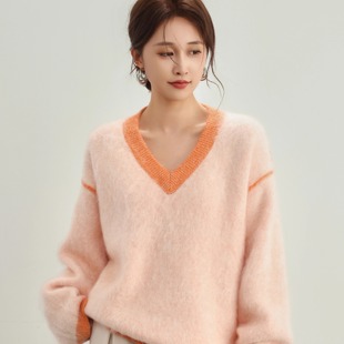 绿色V领12 袖 Z22303 女拼色拉毛厚款 纯山羊绒花纱毛康赛妮羊绒衫