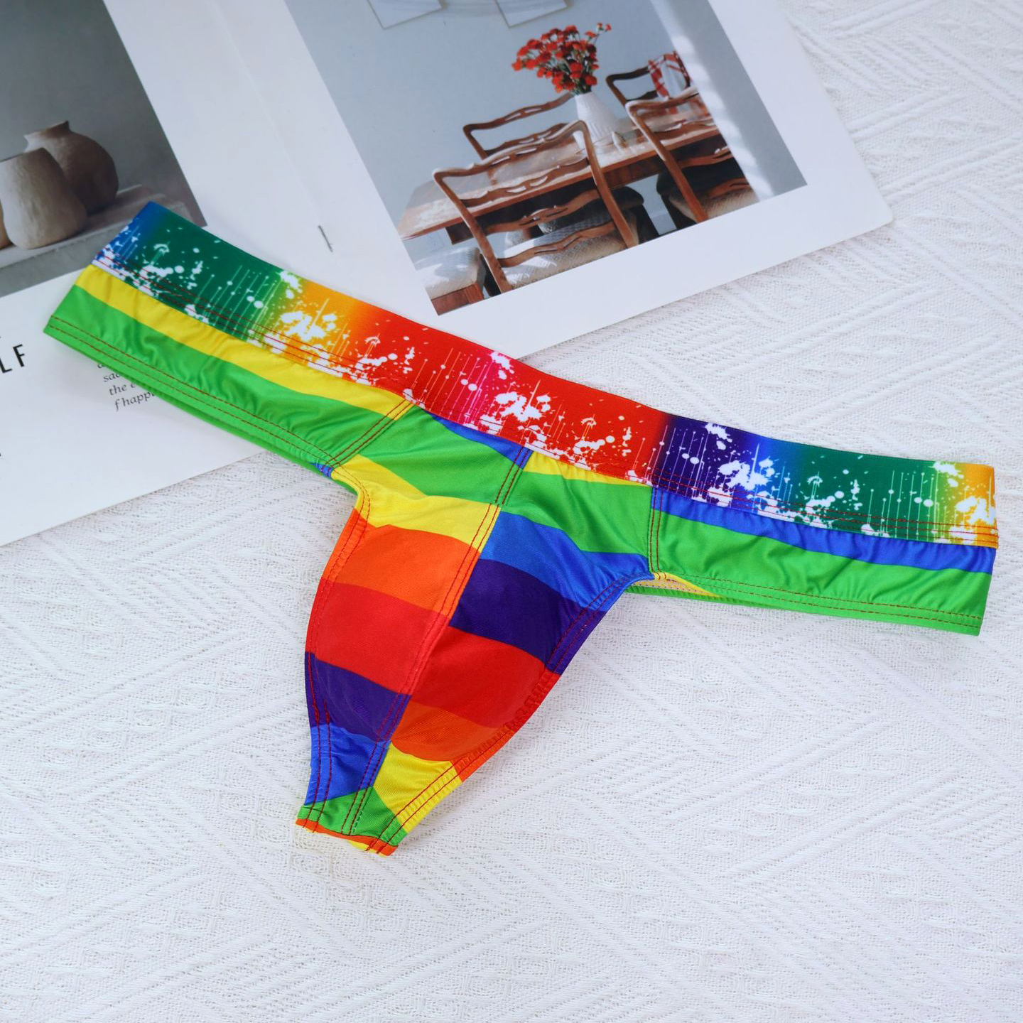 男士彩虹色低腰丁字裤速干个性印花U凸透气舒适性感三角单丁内裤