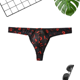 薄款 性感丁字裤 夏季 低腰印花U凸大囊袋T裤 露臀健身三角比基尼 男士