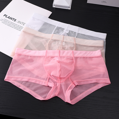 男生黑丝小平角裤网纱全透明内裤