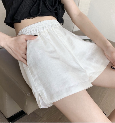 夏季小个子松紧腰短裤冰丝仿棉麻感舒适透气简约阔腿宽松热裤女