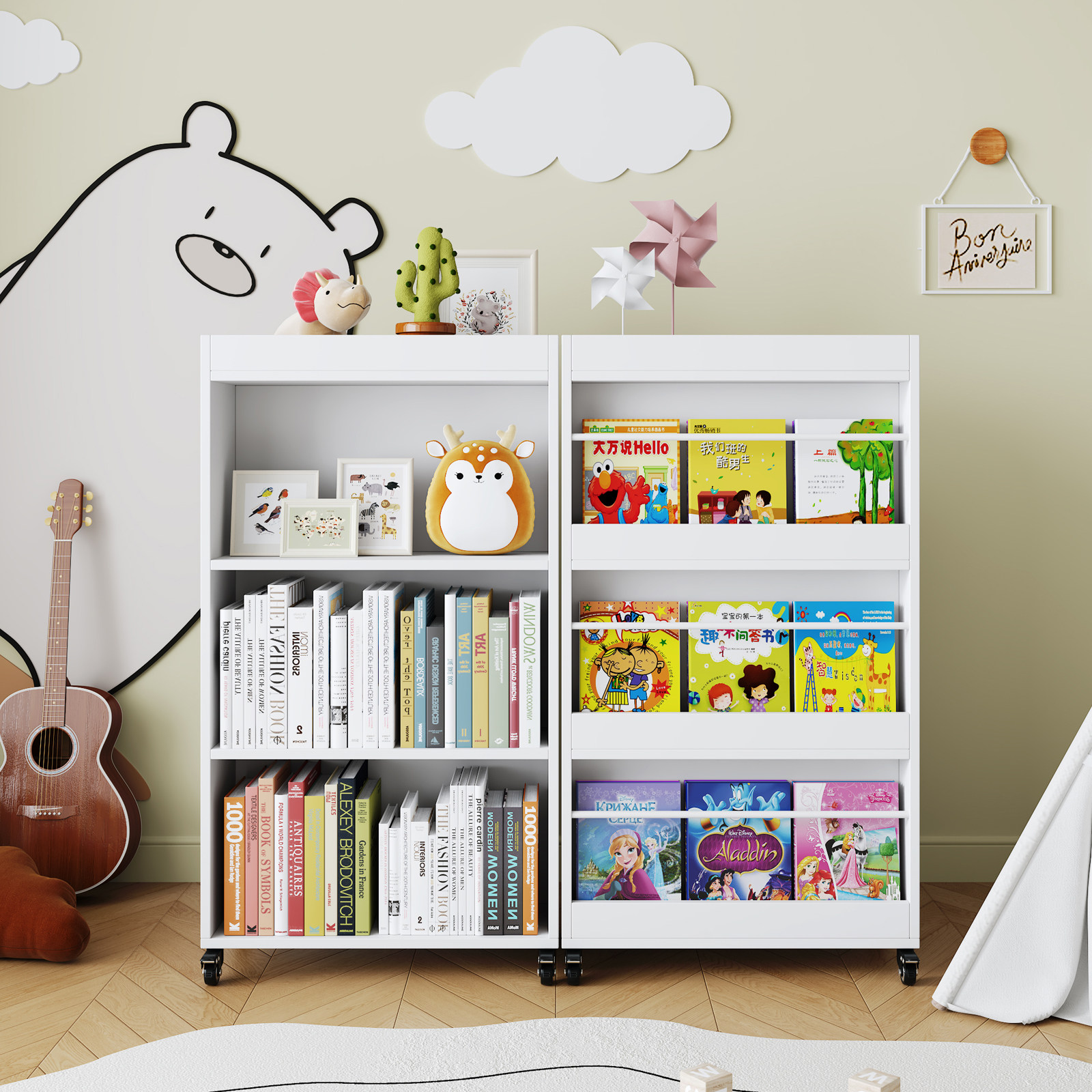 实木儿童双面书架可移动绘本书柜学生阅读落地置物架带轮桌边架子,住宅家具,书架,淘宝优惠券,粉丝福利购,淘宝优惠卷