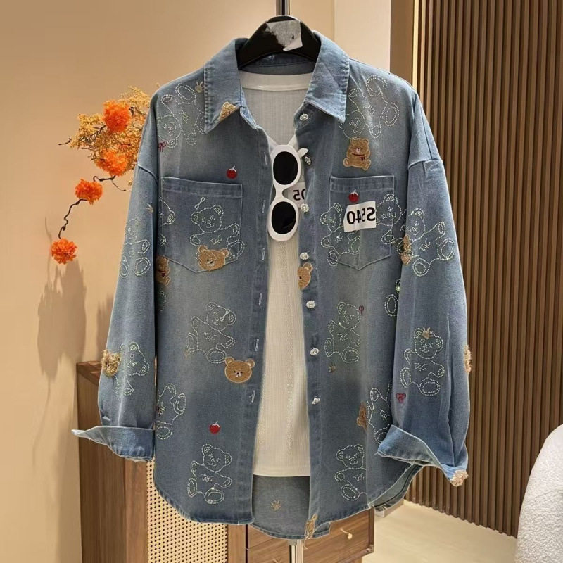 翻领烫钻宽松大版牛仔外套