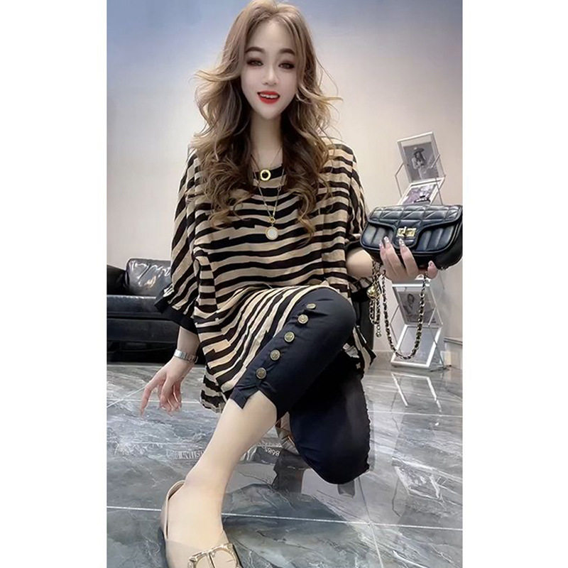 纯棉条纹短袖T恤女中长款宽松