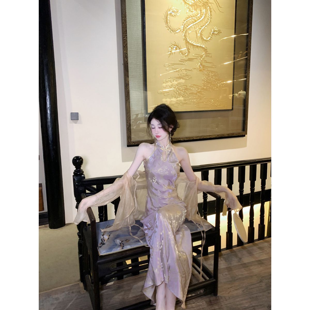 新中式改良紫色连衣裙春秋夏国风性感无袖长款旗袍外套两件套装