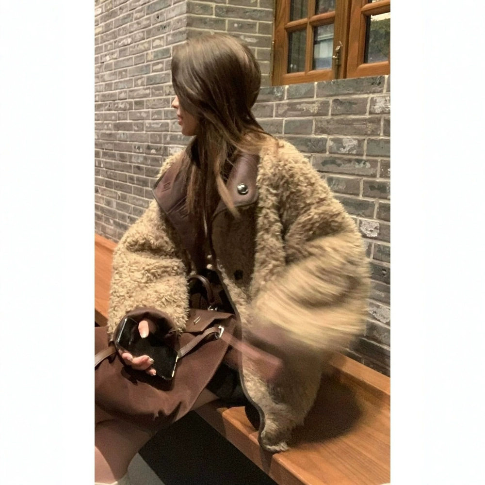 欧货两面穿羊羔毛外套女冬中长款宽松皮毛一体机车棉服高级感保暖