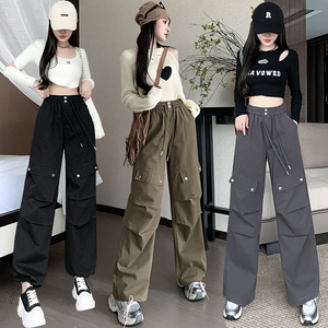 洗水棉工装裤男女2024秋季高腰束脚休闲裤阔腿美式运动裤潮款P64图片