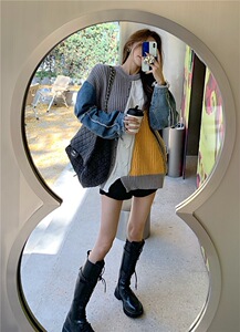 设计感宽松显瘦慵懒风针织衫长袖男女上衣牛仔拼接毛衣P75图片