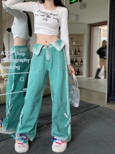 水洗撞色牛仔裤男女早秋复古翻领设计多巴胺穿搭辣妹直筒裤P68图片