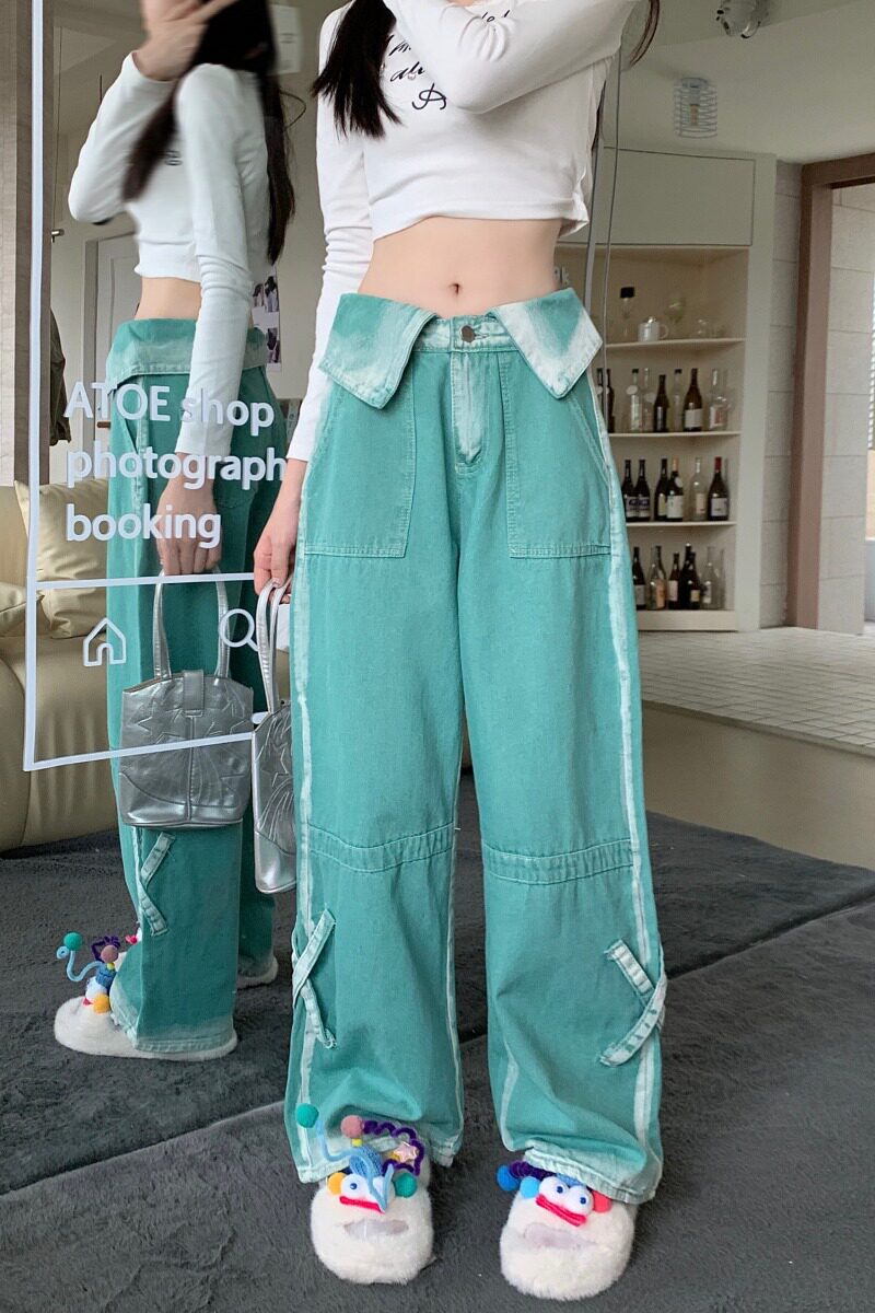 水洗撞色牛仔裤男女早秋复古翻领设计多巴胺穿搭辣妹直筒裤P68,男装牛仔裤,四季星座218-1