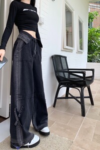 早秋新款渐变牛仔裤女翻边腰头设计感宽松显瘦长裤裤子P63图片