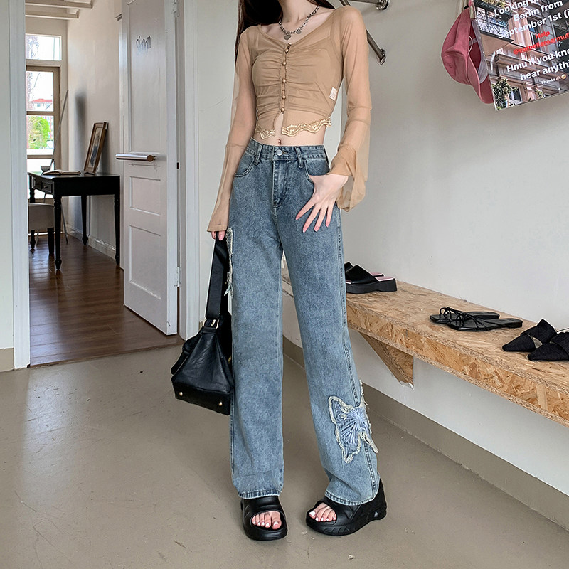美式蝴蝶刺绣牛仔裤男女2023辣妹高腰修身显瘦拖地牛仔裤P60,男装牛仔裤,四季星座218-1