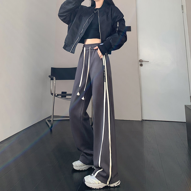 美式条纹运动裤男女秋季撞色拼接高腰直筒休闲裤宽松阔腿裤P60,男装休闲裤,四季星座218-1