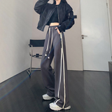 美式条纹运动裤男女秋季撞色拼接高腰直筒休闲裤宽松阔腿裤P60，男装休闲裤，四季星座218-1