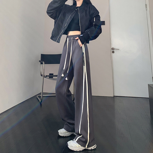 美式条纹运动裤男女秋季撞色拼接高腰直筒休闲裤宽松阔腿裤P60图片