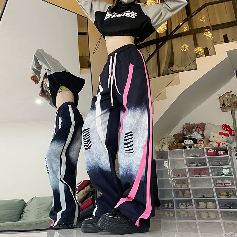 高街复古扎染裤子男女2024新款宽松直筒束脚抽绳阔腿休闲裤潮P58,男装休闲裤,四季星座218-1