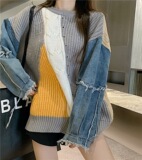 设计感宽松显瘦慵懒风针织衫长袖男女上衣牛仔拼接毛衣P75，男装针织衫/毛衣，四季星座218-1