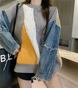 设计感宽松显瘦慵懒风针织衫长袖男女上衣牛仔拼接毛衣P75图片
