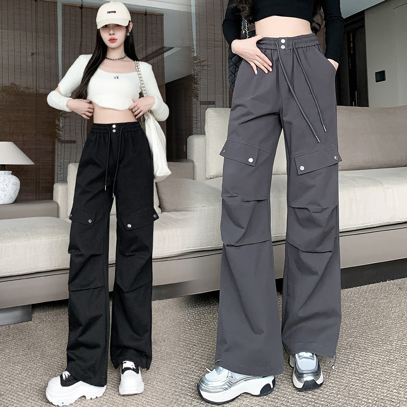 洗水棉工装裤男女2024秋季高腰束脚休闲裤阔腿美式运动裤潮款P64图片