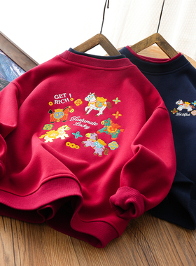 儿童马年新年加绒卫衣男童本命年红色圆领衫2025年国风元旦拜年服