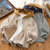 儿童衬衣休闲开衫 男童条纹衬衫 连帽外套2026新款 春秋装 长袖