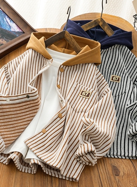 男童条纹衬衫长袖秋装连帽外套2025春秋新款儿童衬衣休闲开衫