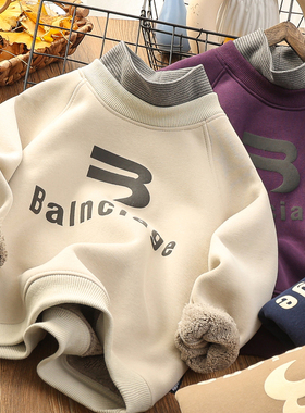 男童假两件加绒卫衣2025冬季新款中大童一体绒打底衫儿童加厚上衣