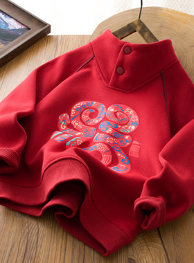 儿童新款加绒卫衣2025冬新款蛇年男女童年服中大童红色套头衣