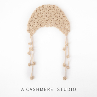100%纯山羊绒帽子女士纯手工编织镂空钩花流苏针织套头护耳帽