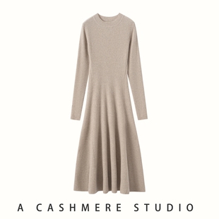 秋冬新款100%纯山羊绒衫女圆领加厚修身显瘦针织打底毛衣连衣裙