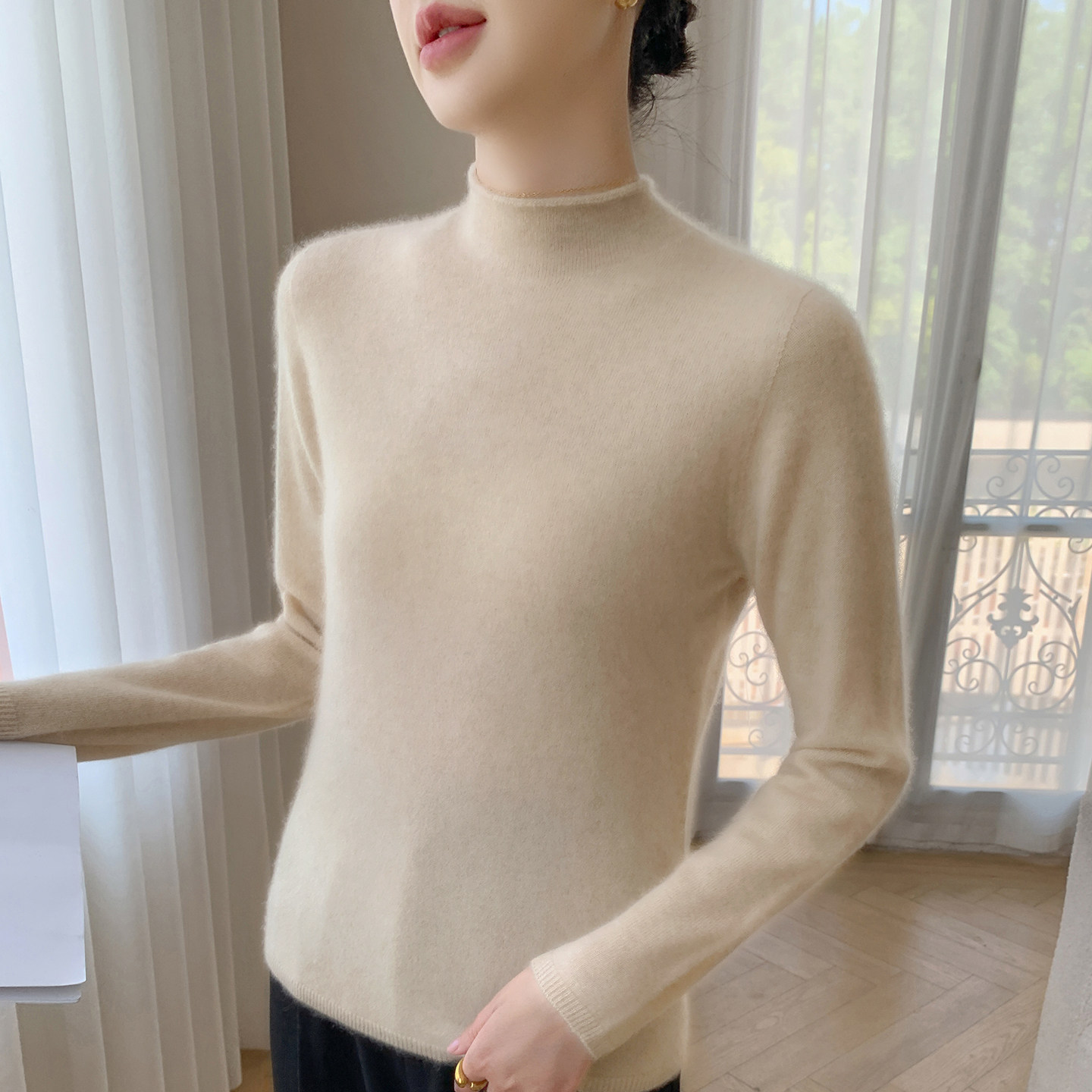 秋冬简约风一线成衣半高领山羊绒衫女长袖卷边针织打底衫保暖毛衣