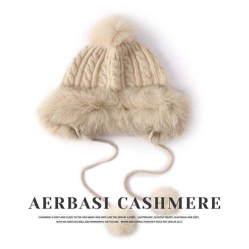 秋冬100%纯山羊绒帽子女士加厚狐狸毛球绞花护耳雷锋帽针织包头帽