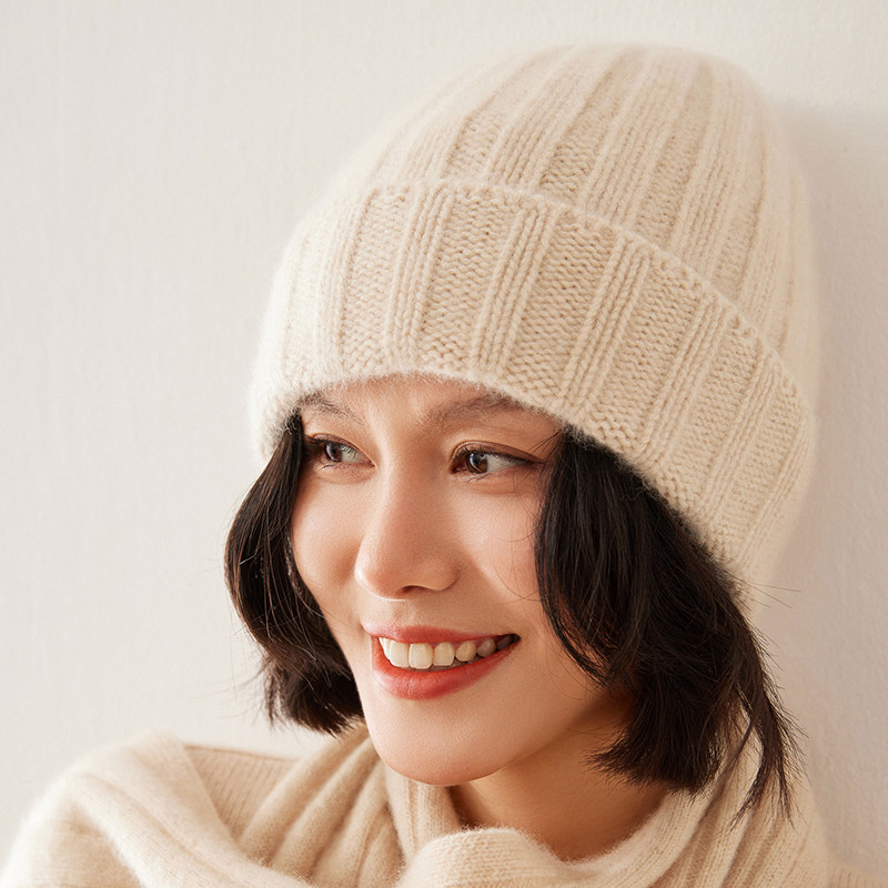 秋冬重磅加厚100%山羊绒针织帽女