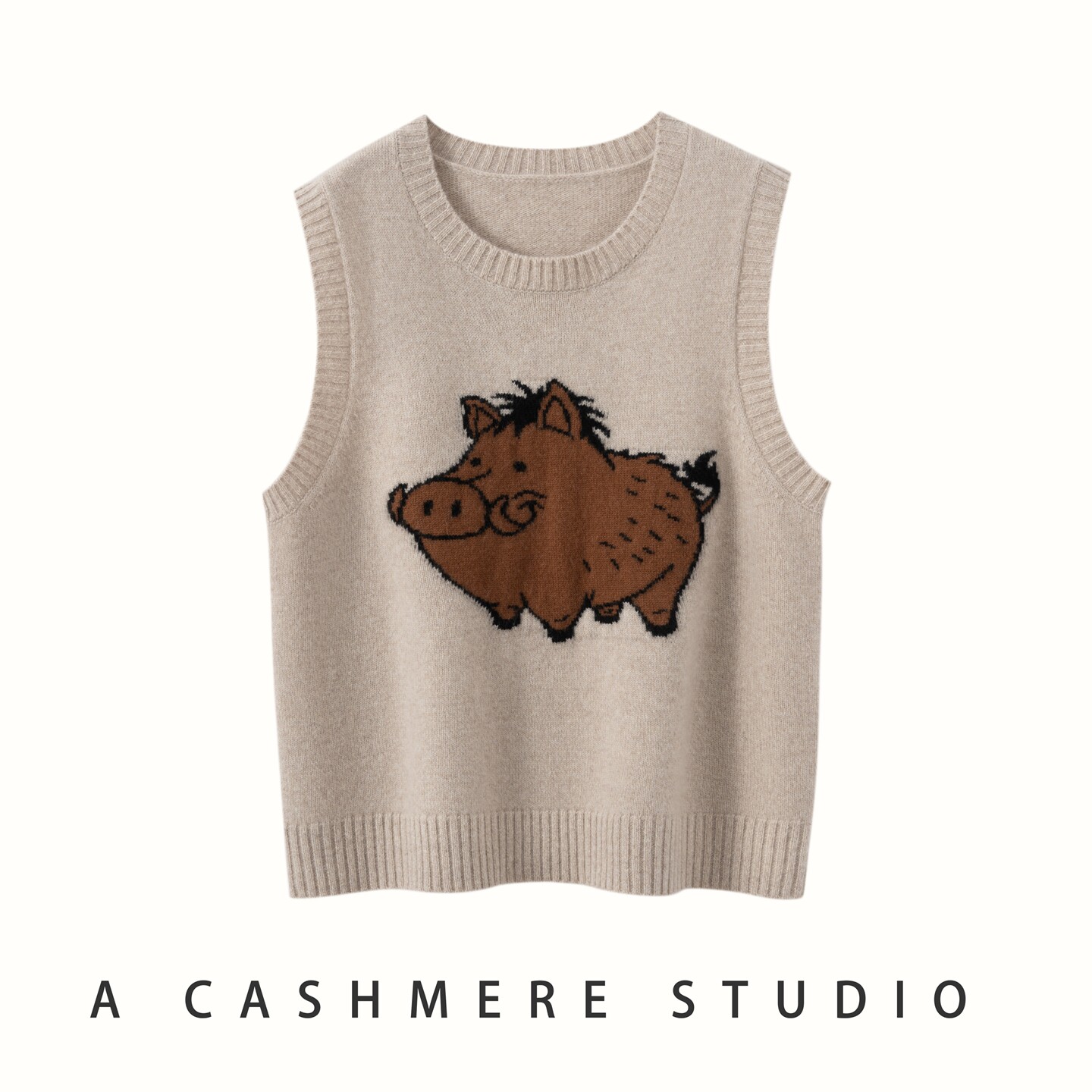 秋冬新款100%纯山羊绒衫女圆领卡通提花针织背心叠打底衫毛衣马甲