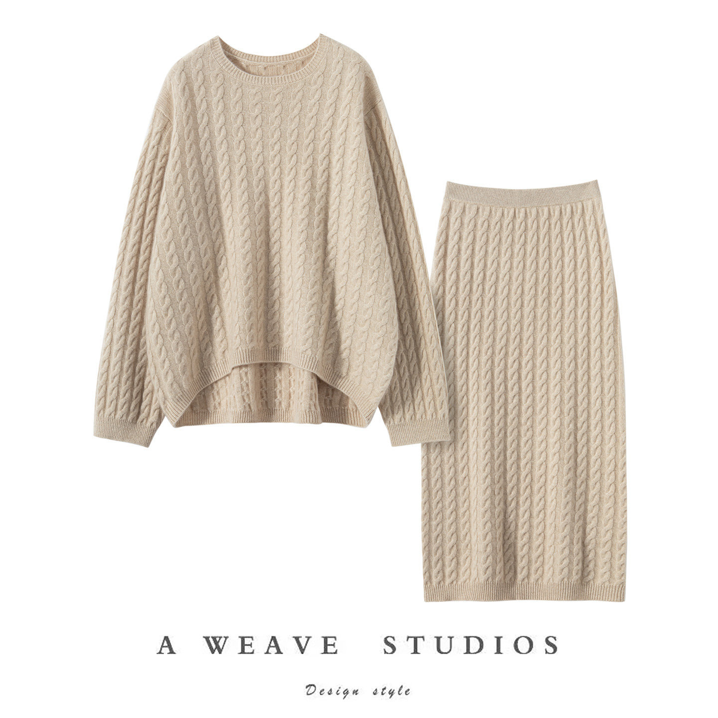 秋冬款纯山羊绒衫女圆领绞花毛衣半身裙两件套宽松慵懒风针织套装